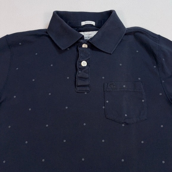 Abercrombie & Fitch Muscle Polo Shirt Men's M Dark Navy Polka Dot Pocket Stretch - Picture 4 of 14